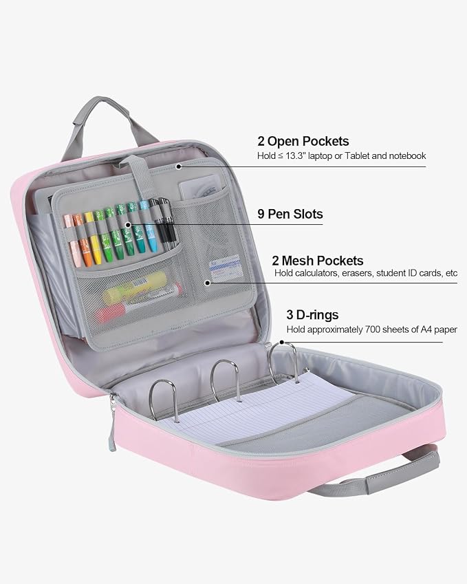 Zipper Binder 3 Inch 3 Ring with Shoulder Strap Multi-Pocket,Tough | Binder Bag with Laptop organizer for School Travel,Fit 13" MacBook & Tablet,700 Sheets Capacity,Water Resistant,Light Pink