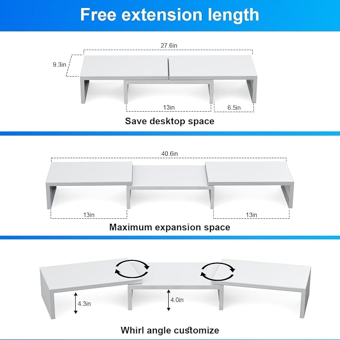 Dual Monitor Stand Riser | Monitor Stand for Desk, Metal Computer Stand, Desk Shelf Riser,Desktop Organizer for Home and Office Use (White)