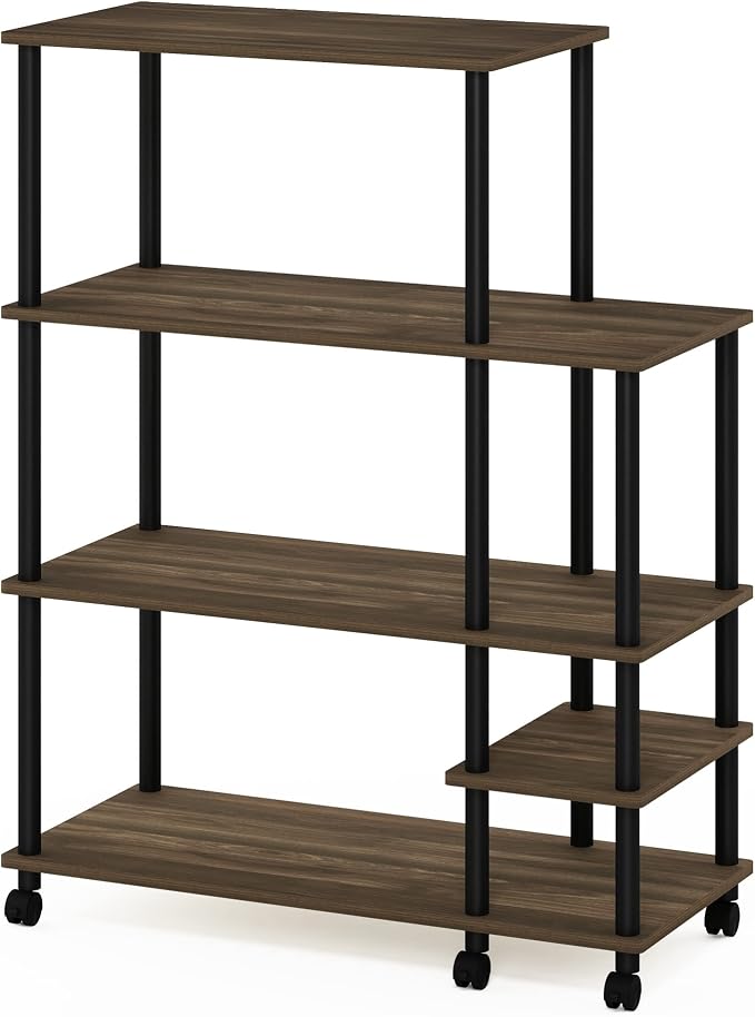 Furinno Turn-N-Tube 4-Tier Wide Toolless Multipurpose Printer Stand Display Storage Shelf with Wheels, Columbia Walnut/Black | Wide Printer Table with with Storage Shelf and Casters, Open Frame Standing Shelf, for CPU, Office Supplies, Home Office