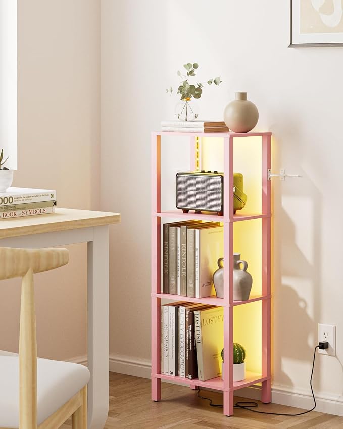 Open Book Shelf with LED Lights, 4 Tier Small Bookshelf, Freestanding Shelf Narrow Bookcase with Open Shelves, 14.96" x 10.63" x 41.26", Book Shelves for Living Room, Office, Study, Pink