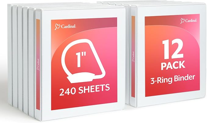 Cardinal Economy 3-Ring Binders, 1", Slant-D Rings, Holds 240 Sheets, ClearVue Presentation View, Non-Stick, White, Case of 12 (90741)
