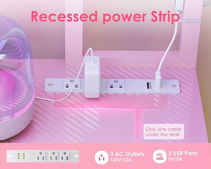 AODK L Shaped Desk Gaming Desk with LED Light & Power Outlet | 53 Inch Pink Reversible L Shaped Computer Table with Shelf & Storage Bag & Hook for Home Office