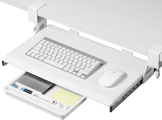 ETHU Under Desk Keyboard Tray - Small Slide Out Keyboard Shelf with C Clamp Mount, 19.7" x 11.8" Ergonomic Pull Out Tray for Home Office Desk, White