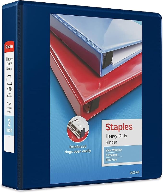 Staples Heavy‑Duty View Binder, 2" D‑Ring, Blue, Reinforced Spine, Durable 3‑Ring Binder for School, Office & Classroom Use