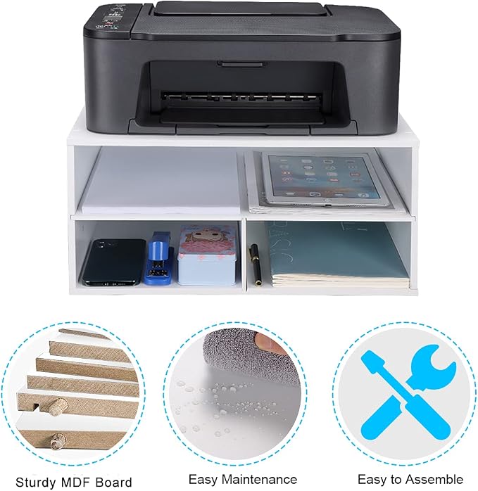 EMERIT Printer Stand for Desk - 2 Tier Desktop Printer Stand with Paper Storage, Printer Riser Organizer for Home Office, Holds up to 30 lbs, White