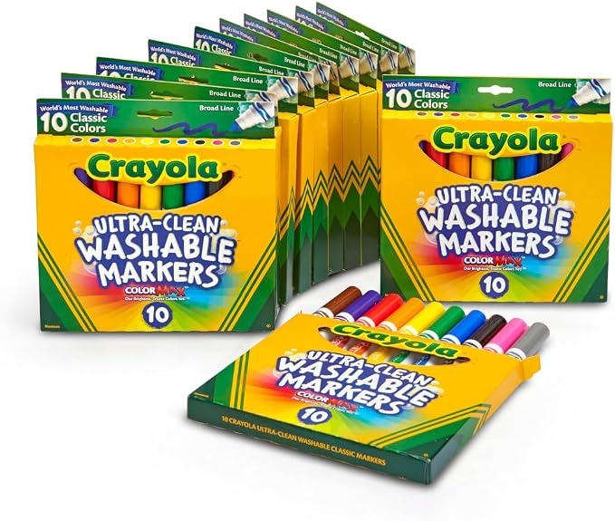 Crayola Ultra Clean Washable Broad Line Markers (12 Boxes), Bulk Classroom Markers for Kids, 10 Colors, Teacher Must Haves Wishlist, Bulk School Supplies