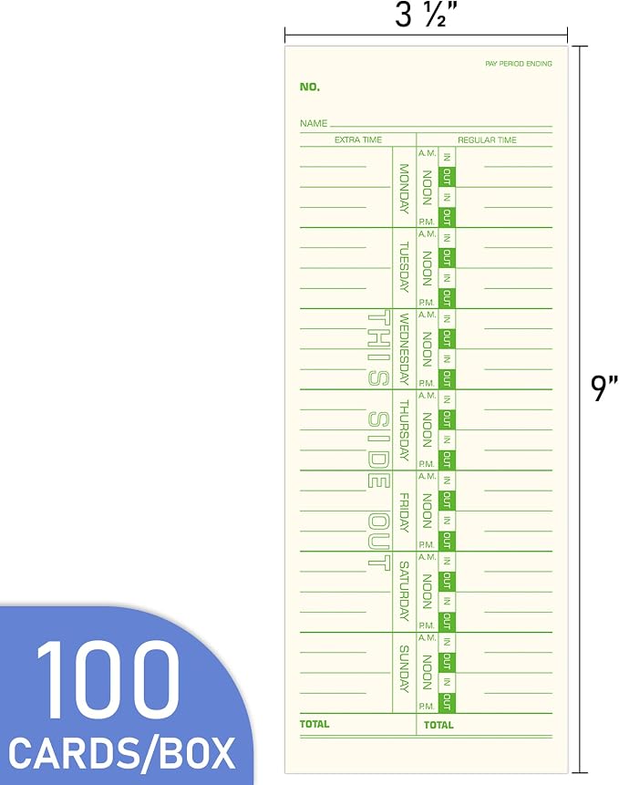 Weekly Time Cards 1-Sided, 3-1/2" x 9", Named Days, 100-Count,Time Cards for Employees, Green Print, Timecards for Time Clocks