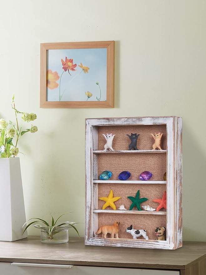 12x16 Shadow Box with 3 Removable Shelves, Vintage White | Large Collectible Display Case, Deep Shadow Box with Magnetic Door and Removable Shelves for Miniatures, Medals and Coins