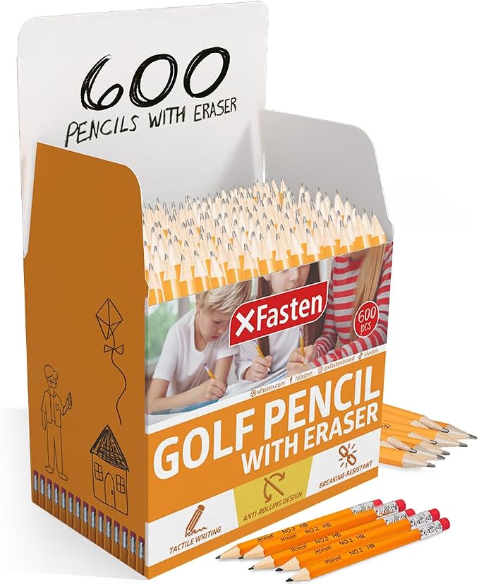 XFasten Golf Pencils, #2 HB Sharpened Pencils with Erasers, 3.5 Inch Half Size, Hexagonal, Bulk 600-Pack for Office Supplies & Art Supplies