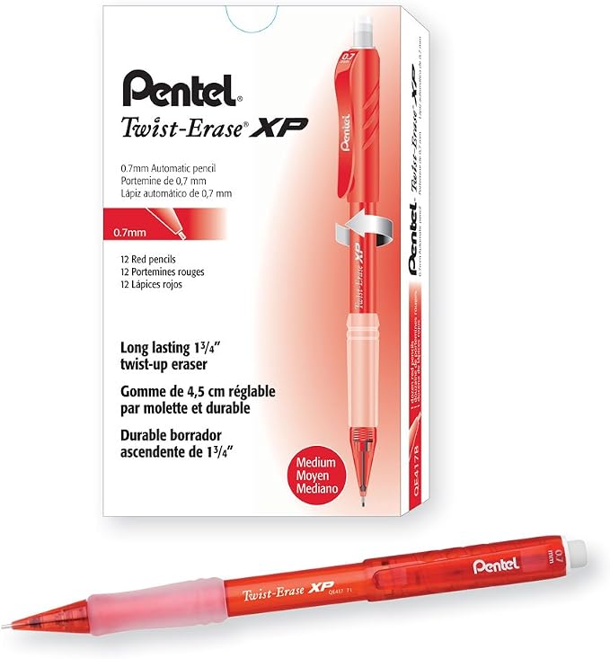 Pentel Twist Erase EXPRESS Automatic Pencil, 0.7mm Lead Size, Red Barrel, Box of 12 (QE417B)