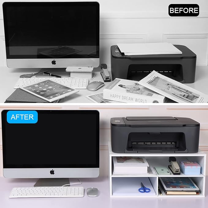EMERIT Printer Stand for Desk - 2 Tier Desktop Printer Stand with Paper Storage, Printer Riser Organizer for Home Office, Holds up to 30 lbs, White