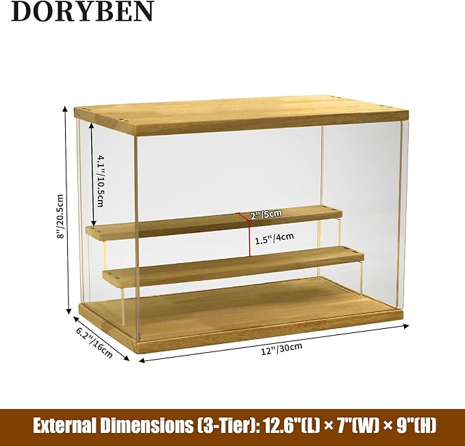 Acrylic Display Case with Adjustable LED Light, 3 Tier Clear Display Box Dustproof Showcase for Action Figures, Collectibles and Mini Toys, Assembly Display Cabinet(Wood 12.5×6.7×9in)