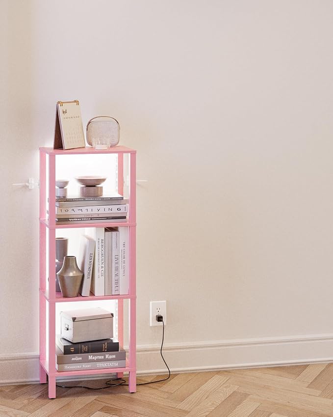 Open Book Shelf with LED Lights, 4 Tier Small Bookshelf, Freestanding Shelf Narrow Bookcase with Open Shelves, 14.96" x 10.63" x 41.26", Book Shelves for Living Room, Office, Study, Pink