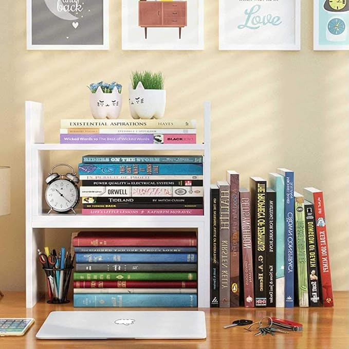 Expandable Desktop Bookshelf & Desk Organizer Shelf - Wooden Table Top Storage Organizer with Shelves, Corner Storage Rack, Small Desk Hutch for Dorm, Office, Home, Study Desk Accessories