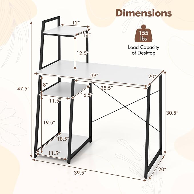 GIANTEX Computer Desk with Shelves, 47.5” Home Office Desk with Bookshelf, Host Stand, Metal Frame, PC Laptop Workstation, Modern Study Writing Desk for Bedroom, Small Space (White & Black)