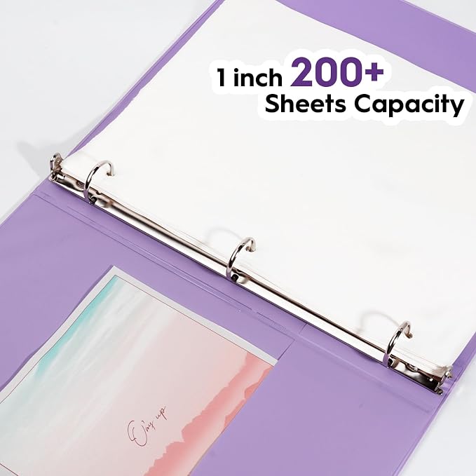 COMIX Sturdy Standard 1 Inch 3 Ring Binder with Clear View Cover | 1"Round Ring,PVC-Free Board,Holds 200 Letter Sheets,Morandi Multicolor for Students & Office,6 Pack (Pale Purple)