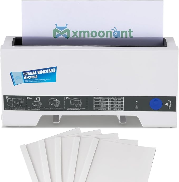 Mxmoonant Thermal Binding Machine, Max 320 Sheets, 3-Min Preheat, Compact | 60s Heating, w/5pcs Letter Size Binding Covers, LED & Sound Guidance, A4/Letter/A5 Paper Size, for Offices, School Projects