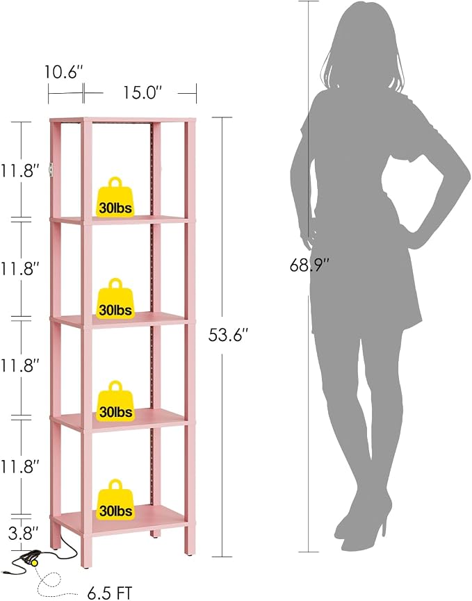 Open Book Shelf with LED Lights, 5 Tier Tall Bookshelf, Freestanding Shelf Narrow Bookcase with Open Shelves, 14.96" x 10.63" x 53.54", Book Shelves for Living Room, Office, Study, Pink