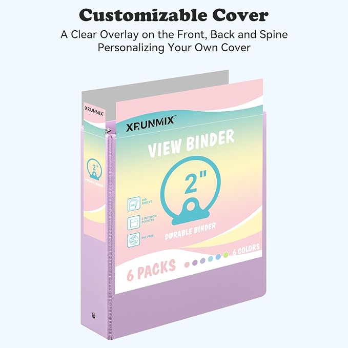 2-inch 3-Ring Binder with Pockets, Basic Binders 2'' Pastel Color Binders, Holds Letter Size 8.5'' x 11'', 450 Sheet Capacity, Bundle 6 Pack for Back to School (2- Inch)