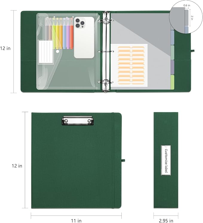3 Ring Binder 2 Inch, BVSSX Three Ring Binders Organizer with Clipboard, Plastic Folder, 5-Tabs Pocket Dividers with Sticker Labels, Pen Loop, Elastic Strap (Green, Letter Size)