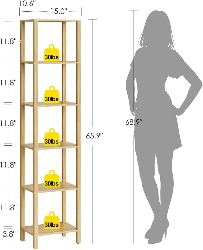 Open Book Shelf, 6 Tier Tall Bookshelf, Freestanding Shelf Narrow Bookcase with Open Shelves, 14.57" x 10.63" x 65.83", Book Shelves for Living Room, Office, Study, Oak