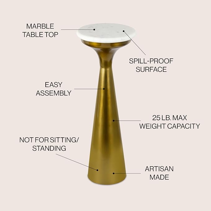JONATHAN Y Oliver 8" Round Marble Pedestal Drink Table, Gold/White | 22.25" High Modern Martini Cocktail Accent Stand, Small Side Furniture, No Assembly, Mid-Century Glam Style