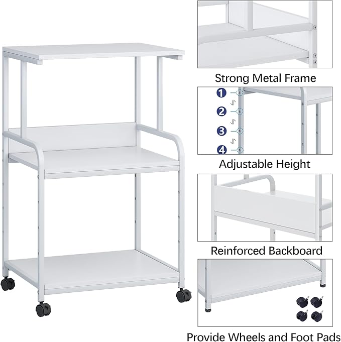 Arbuxzuy Printer Stand with Storage Shelf,3 Tier Printer Cart with Wheels,Mobile Printer Table for Home Office,Stands for Printer Heat Press Scanner Fax,Industrial Style (White)