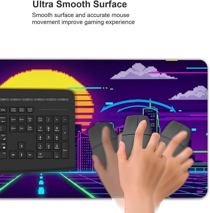 XXL Extended Gaming Mouse Pad, Cyberpunk Neon Synthwave Desk Mat Pixel | Retro Pixel Art Sunset Design with Stitched Edges & Non-Slip Rubber Base, Large Keyboard Mat for Gaming PC, Office Setup