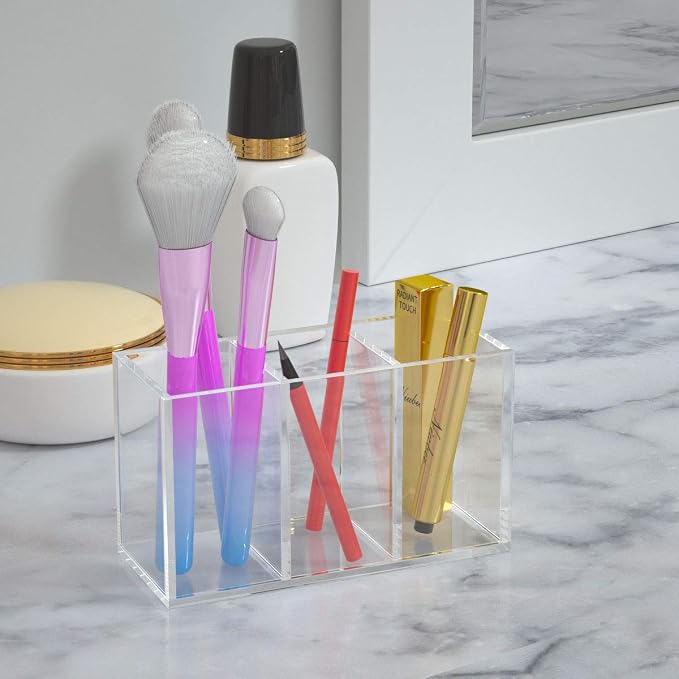 NIUBEE Acrylic Pen Holder 3 Compartments, Clear Pencil Organizer Cup for Countertop Desk Accessory Storage | Scratch-resistant thick acrylic with 3 slots for pens, pencils, makeup brushes, office, vanity and school use