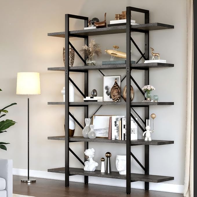 DWVO 5-Tier Bookshelf, 70.9" Tall Bookshelves Vintage BookCases with 5 Shelves Display Storage Shelves for Home Office, Living Room, Charcoal Gray