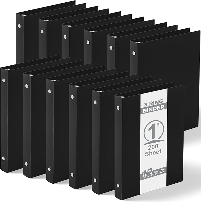 Henoyso 12 Pcs Plastic 1 Inch Mini 3 Ring Binders Fits 5.5" x 8.5" Paper, Holds(Capacity 200 Sheets), Flexible Three Round Rings Small Black A5 Binders Bulk for School, Office Use, Photo Album