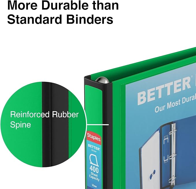Staples Better 1.5-Inch 3-Ring Binder, Green, Heavy-Duty | Durable binder built for school and office document organization.