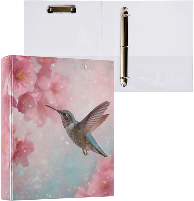 Cherry Blossom and Hummingbird Binder 3 Ring 1.5 Inch Binder with Clipboard&Pockets, Hardcover Binders Heavy Duty Large File Folder for Office School Supplies - Holds 200 Sheets