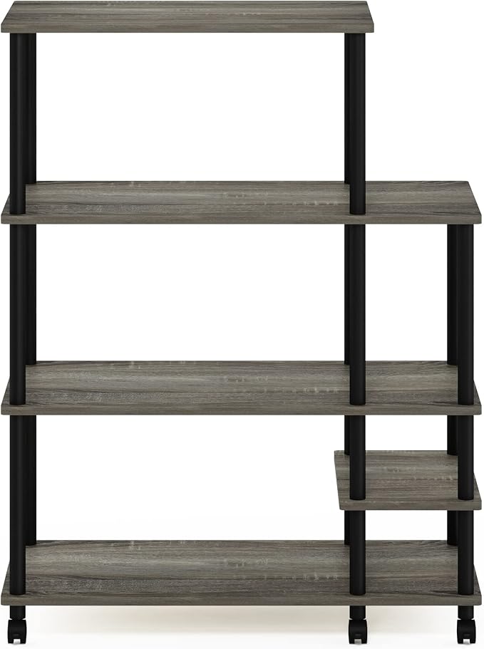 Furinno Turn-N-Tube 4-Tier Wide Toolless Multipurpose Printer Stand Display Storage Shelf with Wheels, French Oak Grey/Black