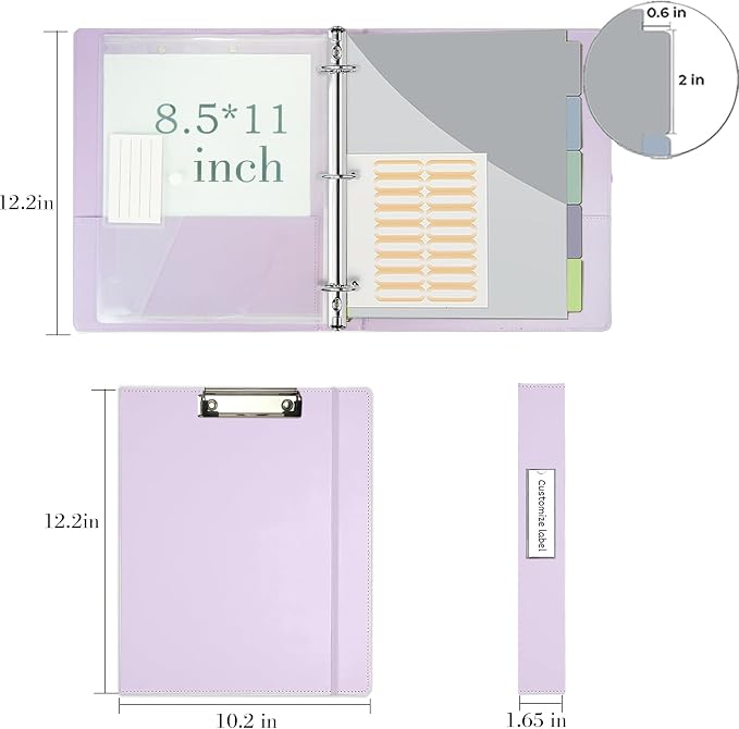3 Ring Binder, 1 Inch Leather Binders with Clipboards, 5-Tabs Pockets Dividers, 18 Divider Stikers, Plastic Folder, Pen Holder, Three Ring Binder with Pen Holder(Purple, Letter Size)