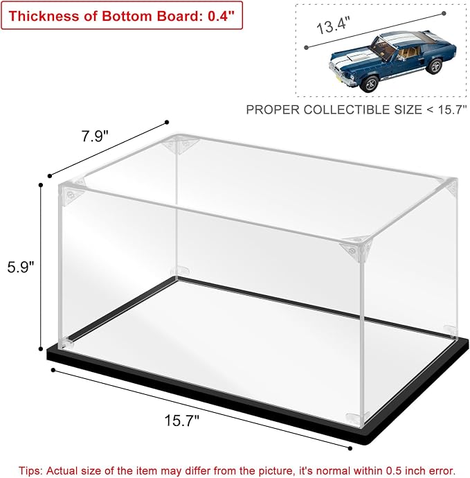 Acrylic Display Case for Collectibles Assemble Acrylic Display Box for Lego 10265 Car Model Toys Clear Acrylic Case for Display Building Set Action Figures(Black,15.7*7.9*5.9 inch)