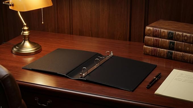 Executive Binder, English Leather 2 Tone with Stitching and Ribbed Spine, Heavy Duty 1.1/2 Inch 3 D-ring with Buster, Holds 350 8.5x 11 Sheets (Black)