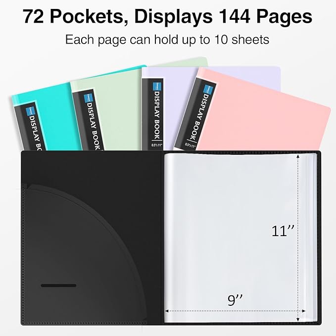 Sooez 72 Pocket Binder with Plastic Sleeves, Portfolio Display Book, 8.5x11 | with Elastic Band, 144 Pages Presentation Binder, Art Portfolio Document Folder with Clear Sheet Protectors for Office School