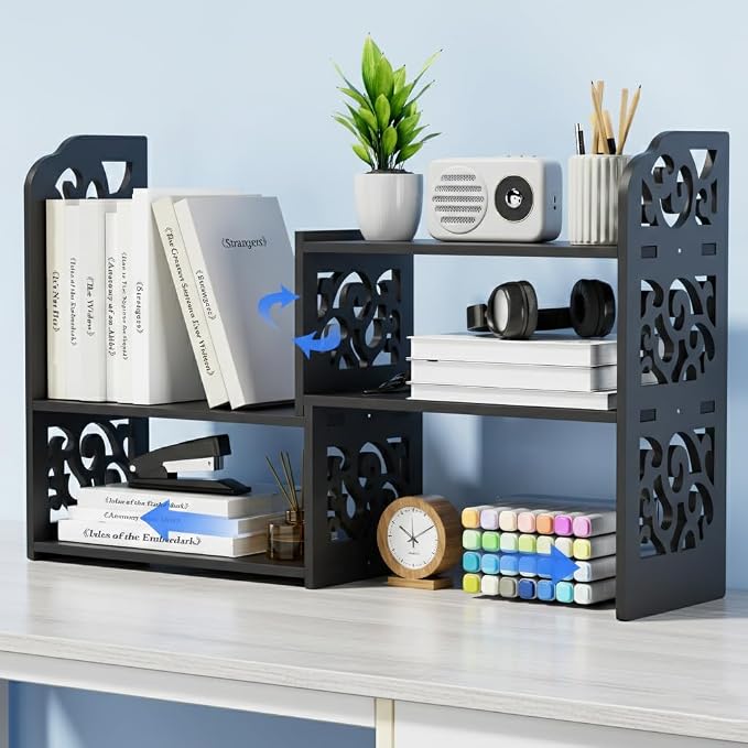 YGYQZ Adjustable Desktop Shelf Organizer, 3-Tier Expandable Desk Shelf, Black Pattern