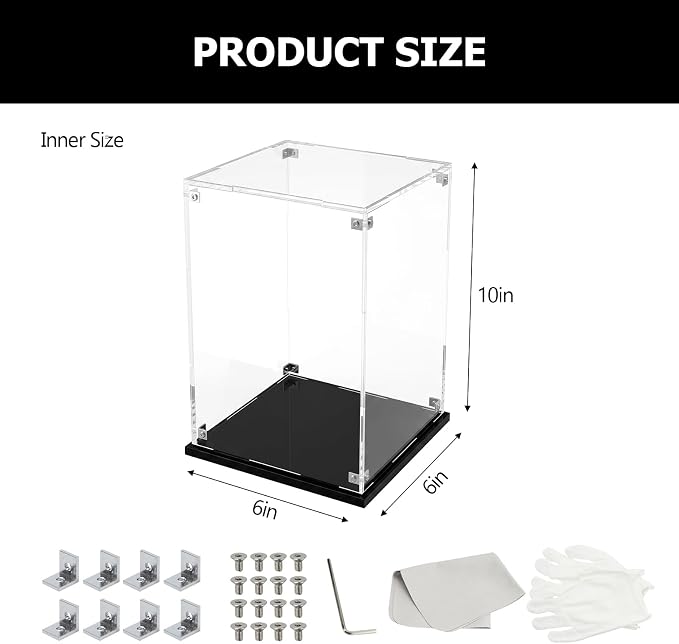 Clear Acrylic Display Case for Collectibles Display 6x6x10 Inch | Removable Countertop Storage Box Organizer Stand Riser, Self Assembly Dustproof Protection Display Box for Figures Models