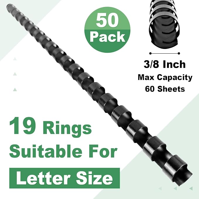 HOUYEE 50 Pack 3/8 Inch Plastic Binding Combs Spines, 19 Rings, Black | 10mm Binder Combs for Letter Size Paper, 60 Sheets Capacity , for Book Binder Office School Supplies