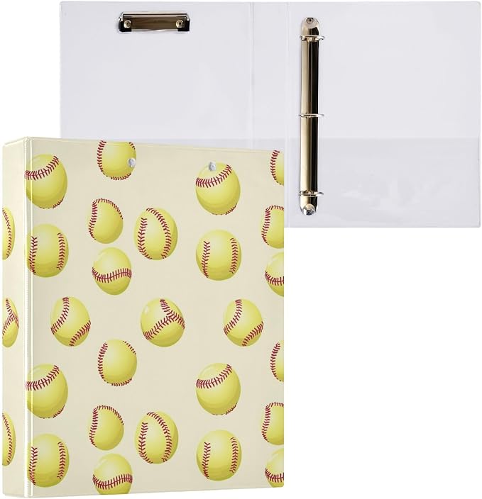 Softball 3 Round Ring Binders Cartoon Baseballs | 1.5 Inch Binder with Clipboard, PVC Pockets, Work Organizer, Holds 200 Sheets for School Office 1 Pack