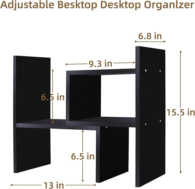 TY ARTS & CULTURE Expandable Black Wood Desktop Organizer-Desk Bookshelf | adjustable wood shelf, countertop desktop storage, home office stationery rack,Multipurpose bookcase,tabletop display