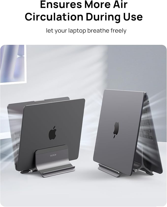 Vertical Laptop Stand for Desk, Aluminum Laptop Holder Compatible with MacBook Pro, MacBook Air Stand Up to 17 inch, Gravity Auto-Lock Cooling, 3in1 Space Saving Desk Organizer Accessories, Gray