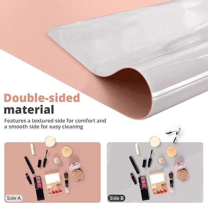 LovePads Makeup Mat for Vanity, 16" x 32" PVC Desk Mat & Dresser Cover Top | Waterproof Desk Protector, Vanity and Desk Accessories; Wipes Clean, Ideal for Writing, Nail Art, Craft Table, Pink+Silver