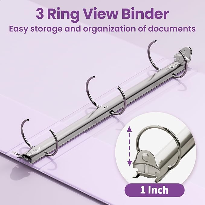 SUNEE 1 Inch Binders 3 Ring 6 Pack, Clear View Three Ring Binder PVC-Free (Fit 8.5x11 Inches) for School or Office Supplies, Purple