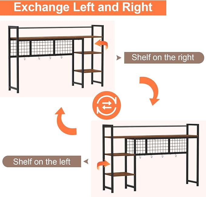 Snughome Desk Shelf, 44.9" Desktop Organizer Shelf, Desk Hutch for Computer Monitor, 4 Tier Desk Display Rack with Pegboard Hooks Set, Wood Desktop Bookshelf for Home Office Dorm