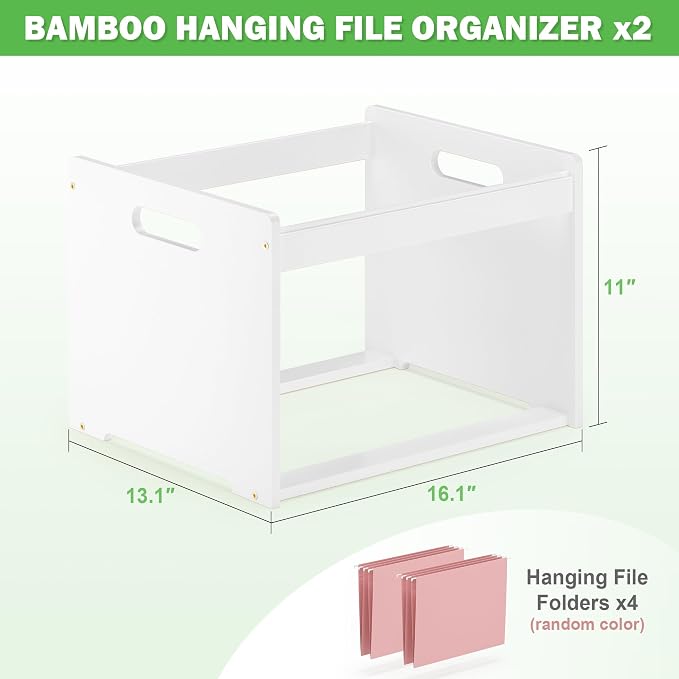 Bamboo Hanging File Box Organizer, Wood File Folder Storge, 2 Pack, White
