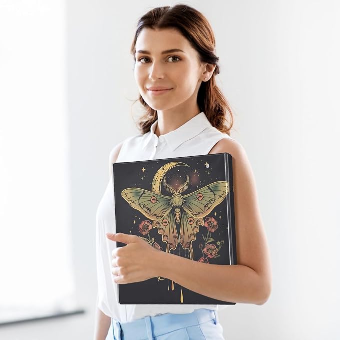 3 Ring Binder Moth Moon Floral 1.5" Round Ring Binders View Binder with 200 Sheet for Women Men Office Kids School Supplies, 1 Pack