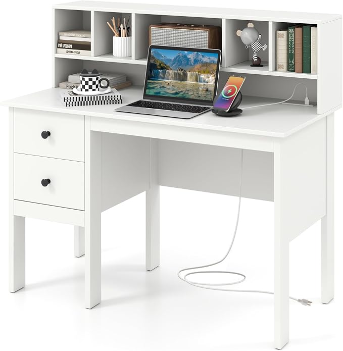 Tangkula White Desk with Drawers & Hutch, Modern Home Office Desk Writing Study Desk with Charging Station, Laptop Desk with 5 Storage Compartments, Computer Workstation Makeup Vanity Desk